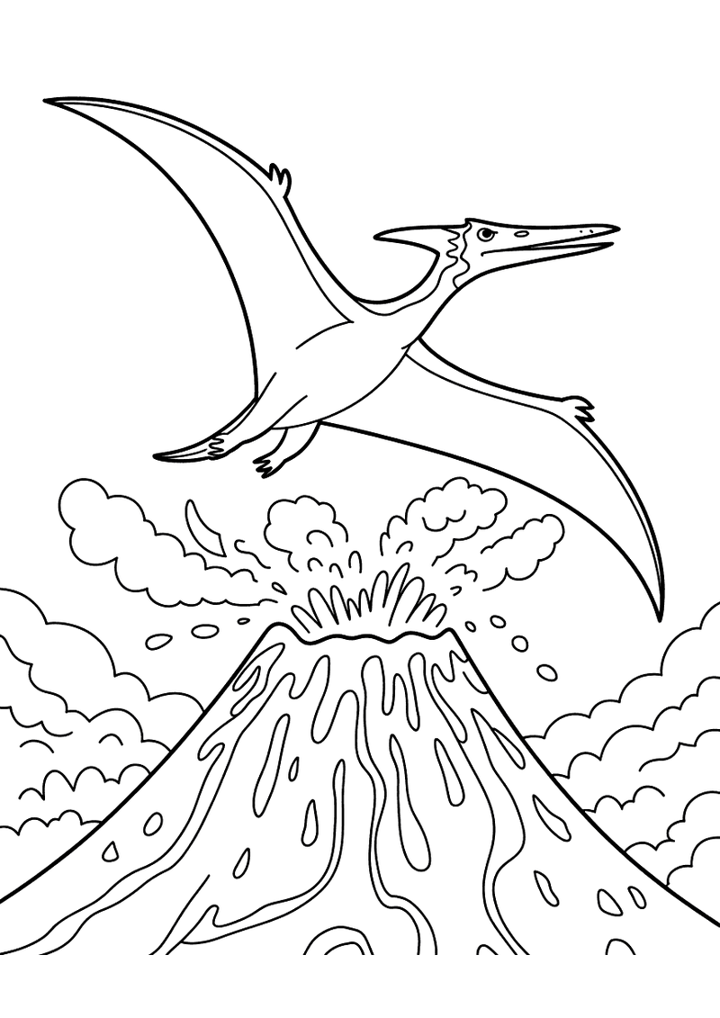 Kleurplaat van een Pterodactyl met brede vleugels die over een uitbarstende vulkaan vliegt met rook- en wolkenwanden op