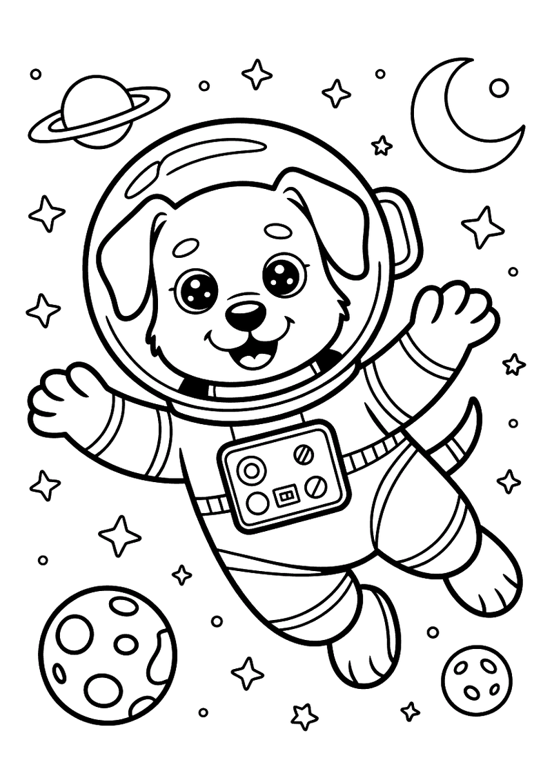 Kleurplaat van een puppy in een astronautenpak die zweeft in de ruimte met planeten, sterren en een maan op de achtergro