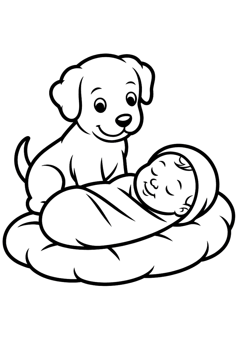 Kleurplaat van een puppy die naast een in doeken gewikkelde slapende baby zit op een rond kussen