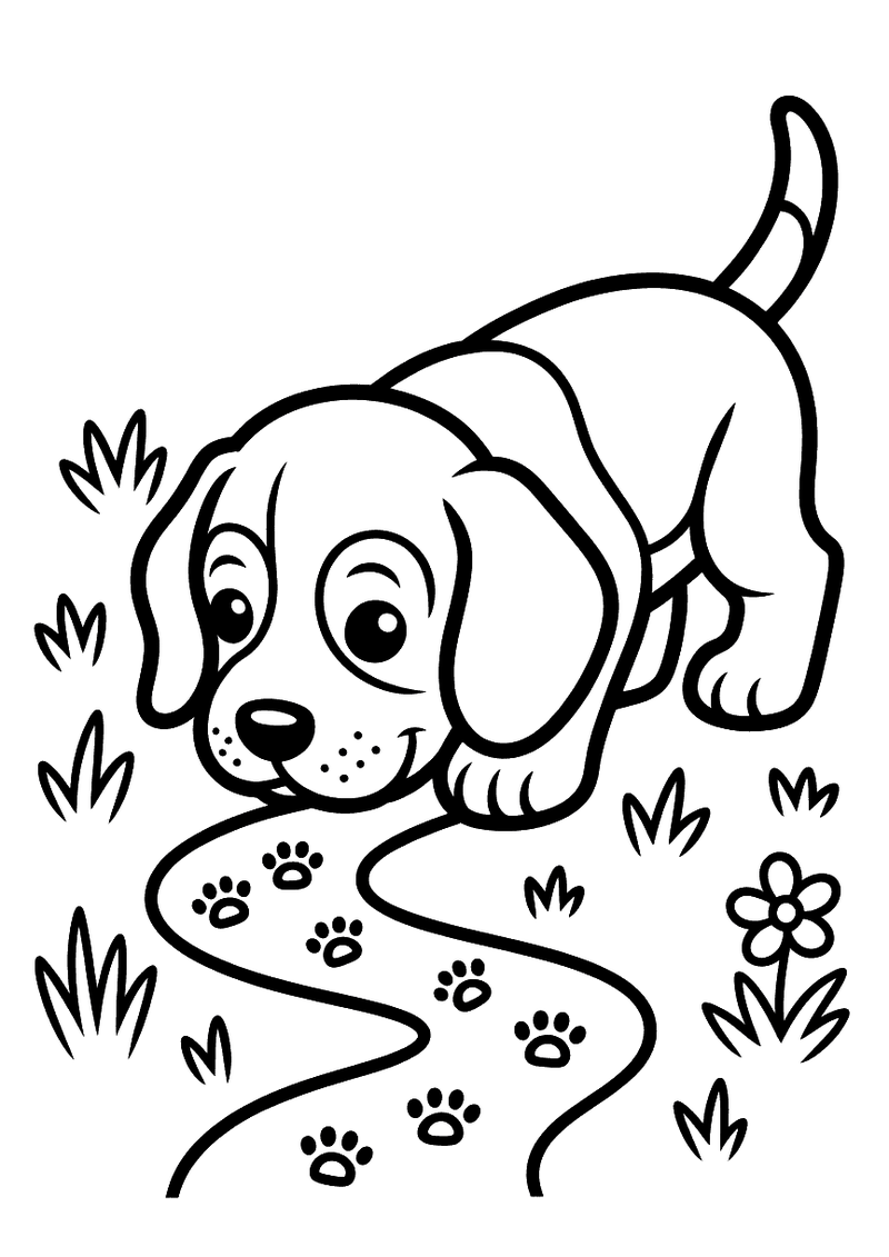 Kleurplaat van een beagle puppy die een slingerende rij pootafdrukken volgt in gras met bloemen, staart omhoog en neus n