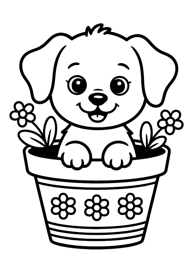 Kleurplaat van een lachende puppy die in een grote bloempot met bloemdecoratie zit, geflankeerd door bloemen aan weerszi