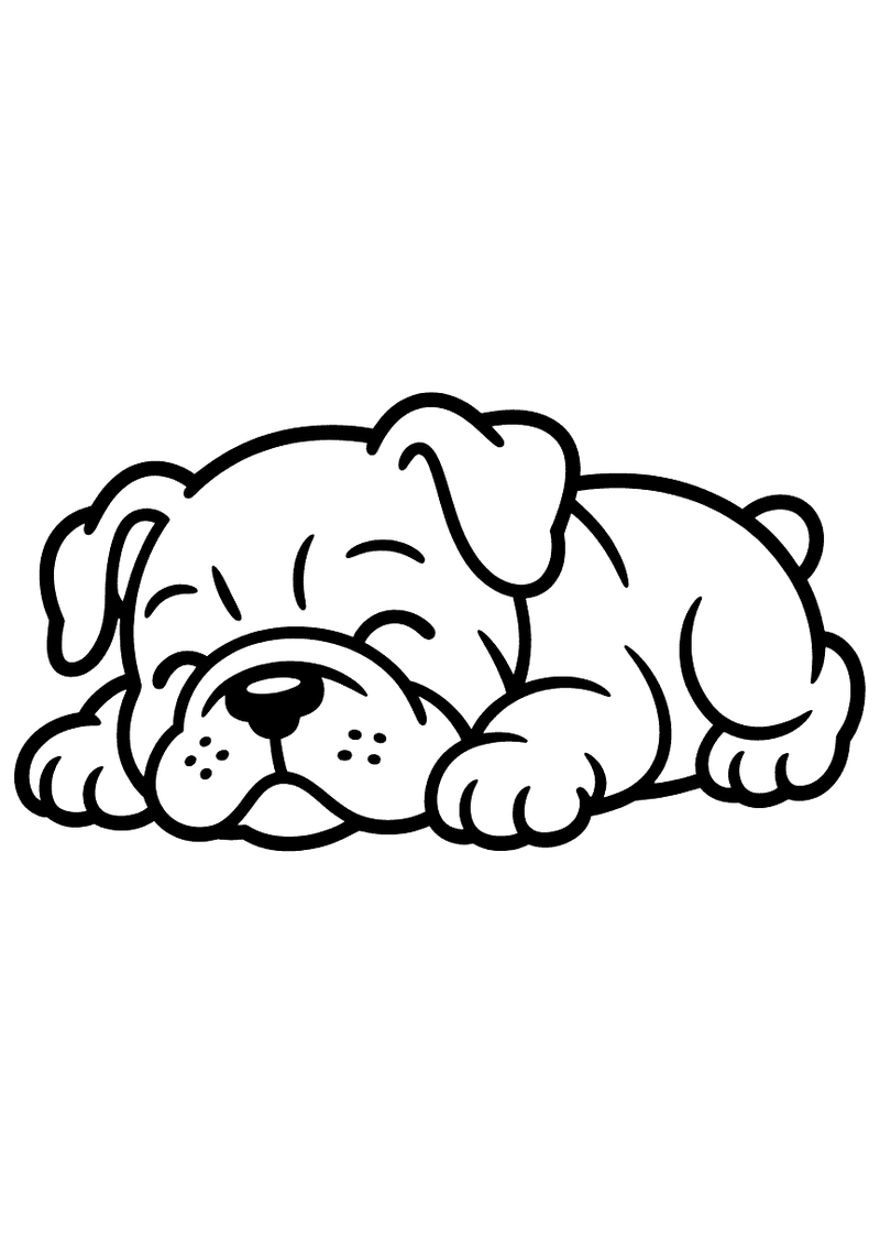 Kleurplaat van een slapende bulldog puppy met rimpelsnuit en gesloten ogen, liggend met zijn kop op zijn gevouwen voorpo