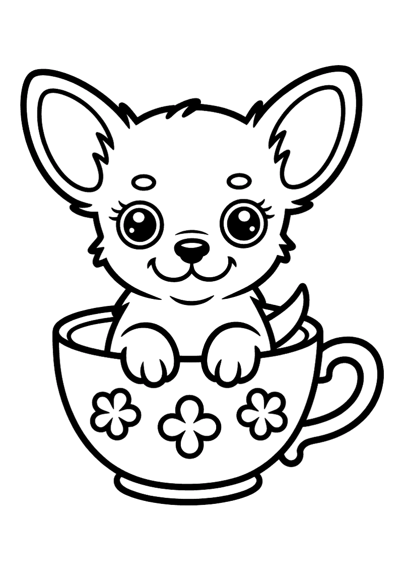 Kleurplaat van een Chihuahua puppy met grote oren die uit een theekopje met bloemenpatroon steekt en grote ronde ogen he