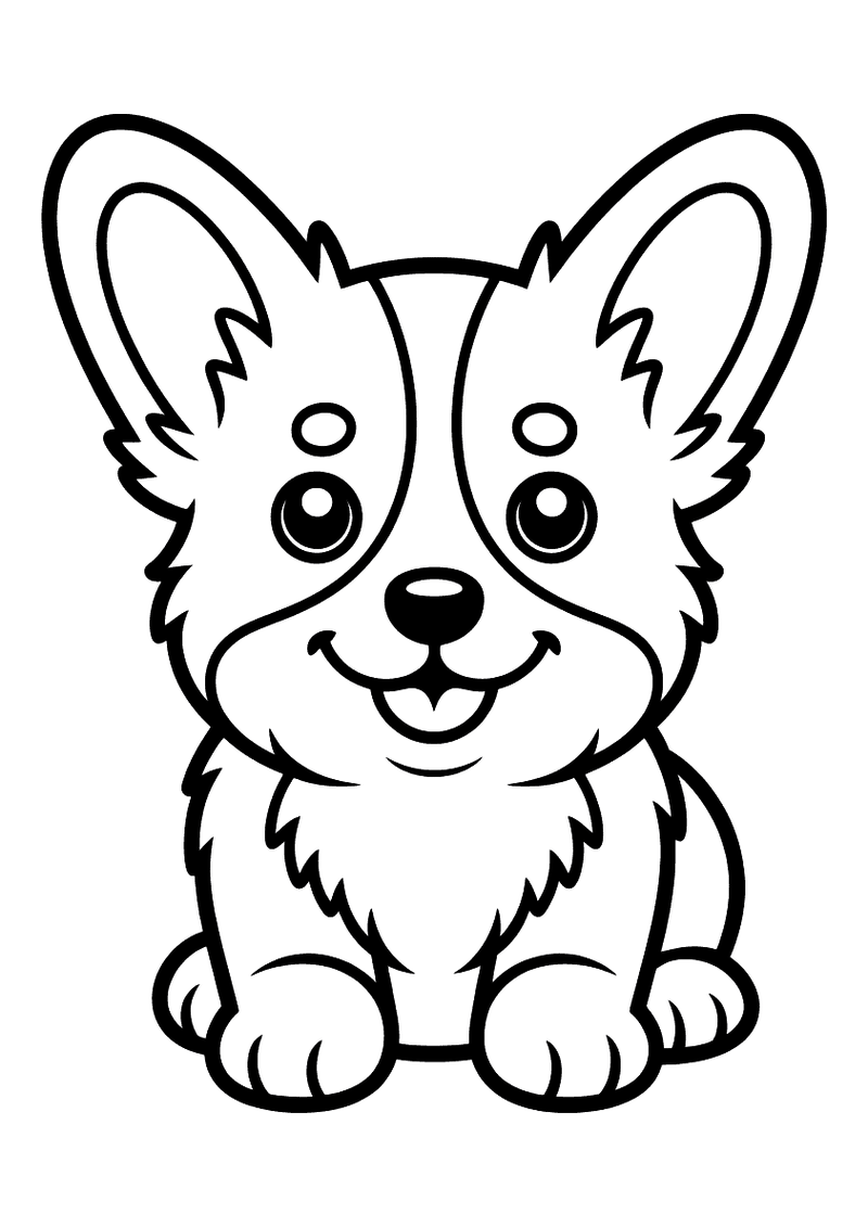 Kleurplaat van een zittende Corgi puppy met grote puntige oren, dikke vacht en een vrolijke glimlach