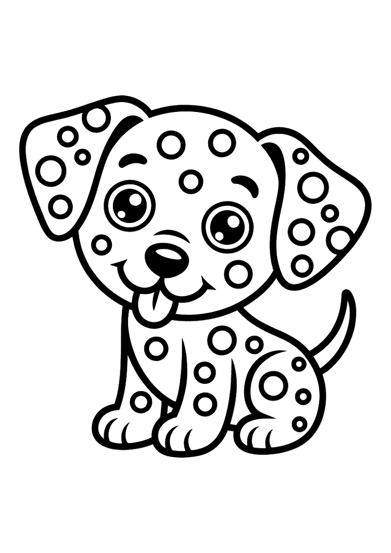 Kleurplaat van een zittende Dalmatiër puppy met grote ronde vlekken over zijn hele lichaam, tong uit en staart omhoog