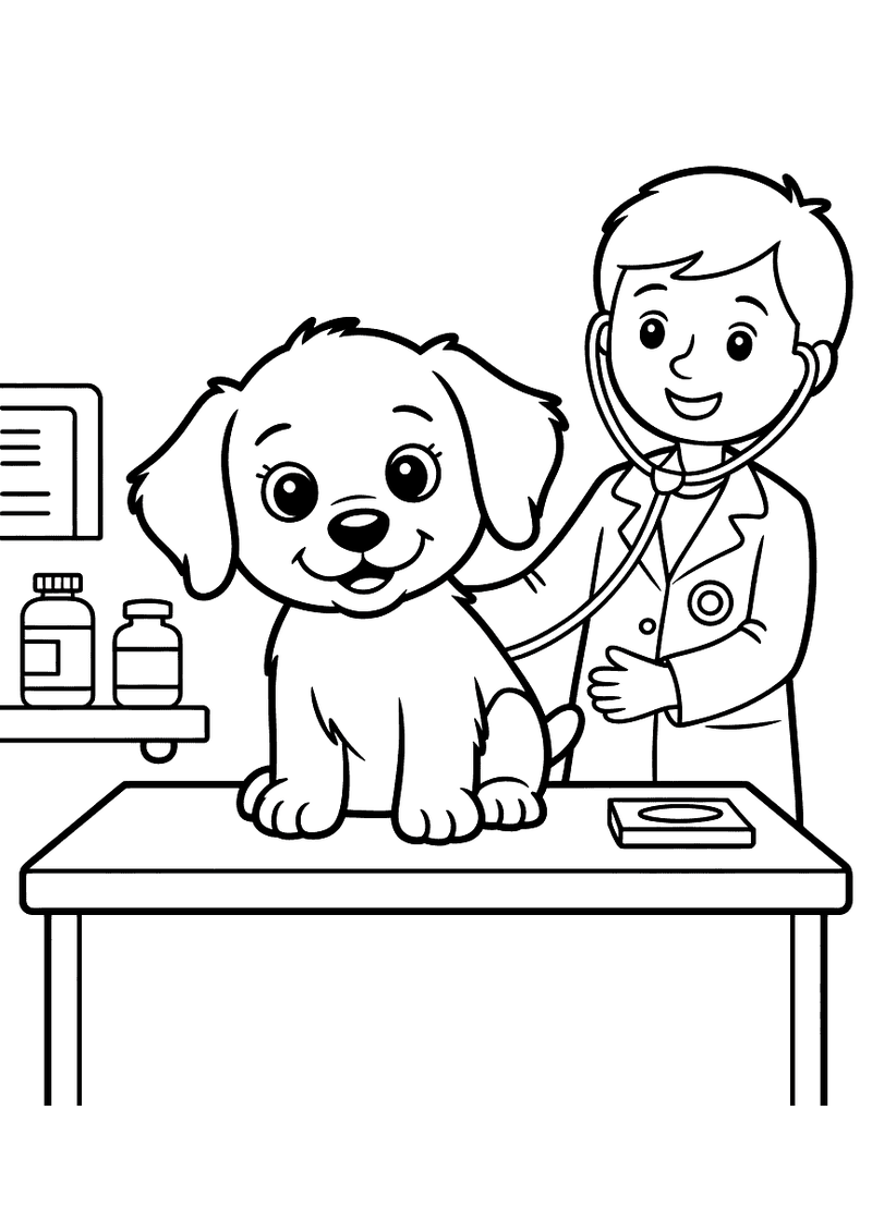 Kleurplaat van een puppy op een onderzoekstafel terwijl een dierenarts in witte jas met een stethoscoop zijn hart afluis