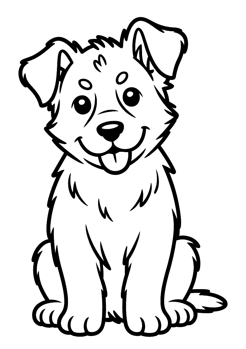 Kleurplaat van een zittende Duitse Herder puppy met zijn tong uitgestoken, puntoren en een dikke ruige vacht