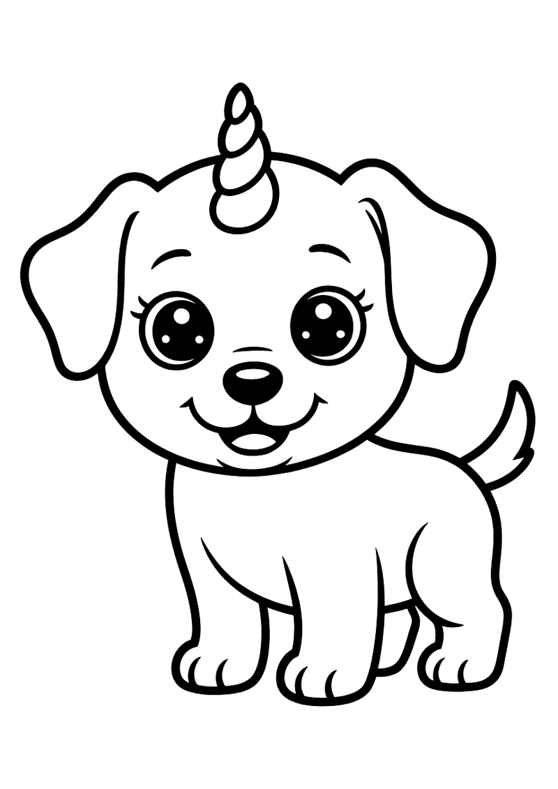 Kleurplaat van een staande puppy met een spiraalvormige eenhoornhoorn op zijn voorhoofd en grote glinsterende ogen