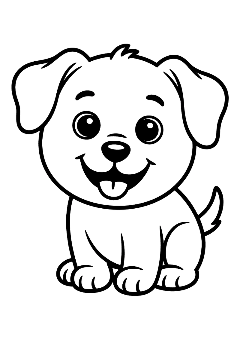 Kleurplaat van een zittende puppy met een brede glimlach, tong uitgestoken en een opgewekte staart die naar omhoog wijst
