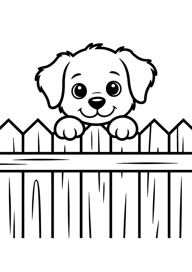 Kleurplaat van een puppy die met zijn voorpoten op een houten planken hek hangt en zijn hoofd erboven uitsteekt om te gl
