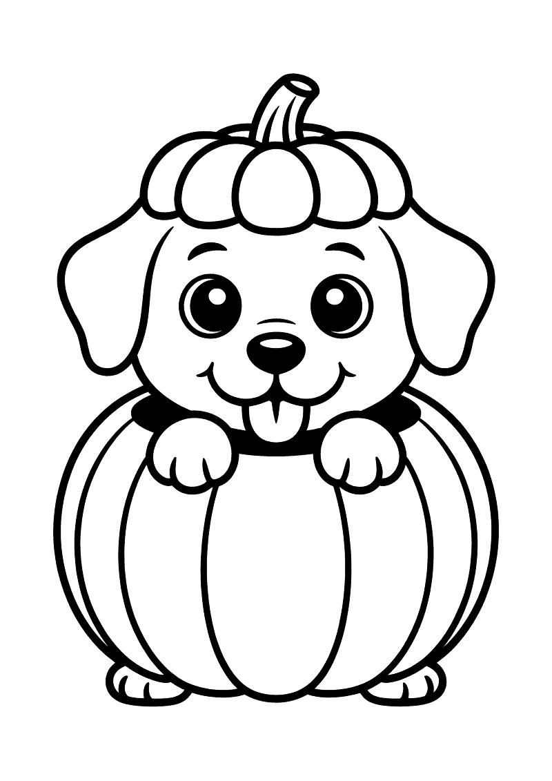 Kleurplaat van een lachende puppy die in een grote uitgeholde pompoen zit als Halloween kostuum, pootjes over de rand