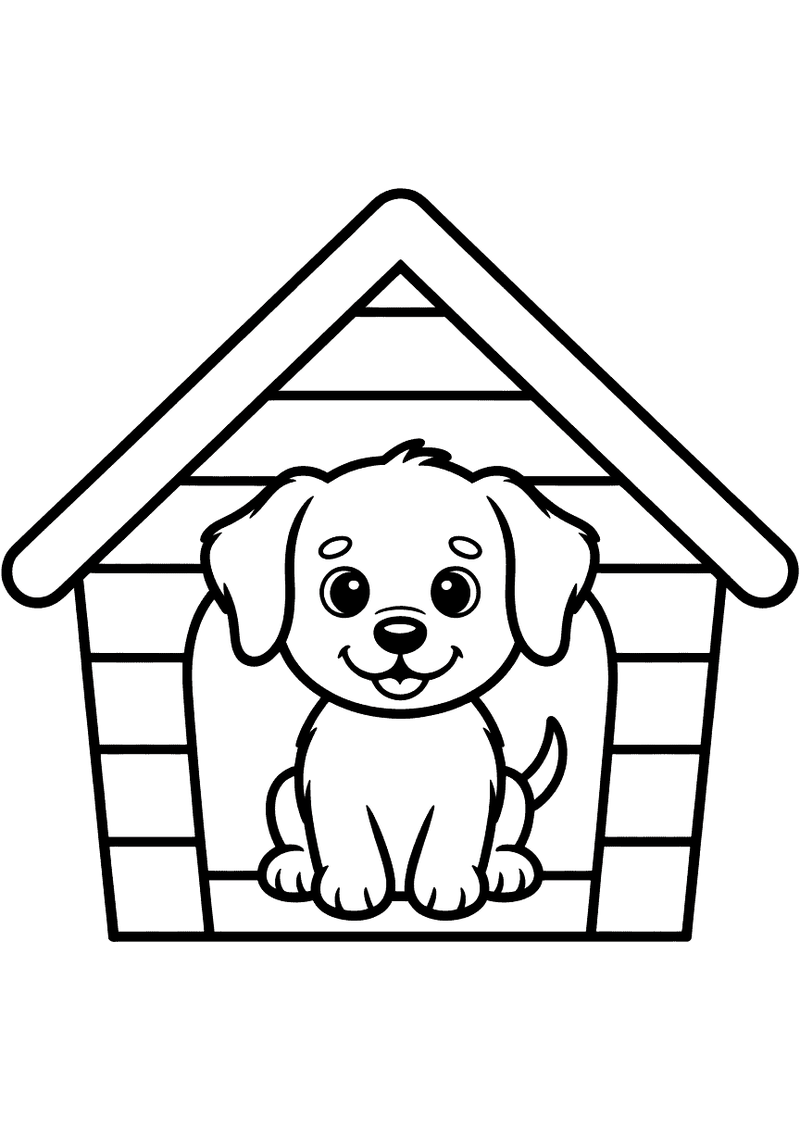 Kleurplaat van een lachende puppy die in een houten hondenhok met puntdak zit en vrolijk naar buiten kijkt