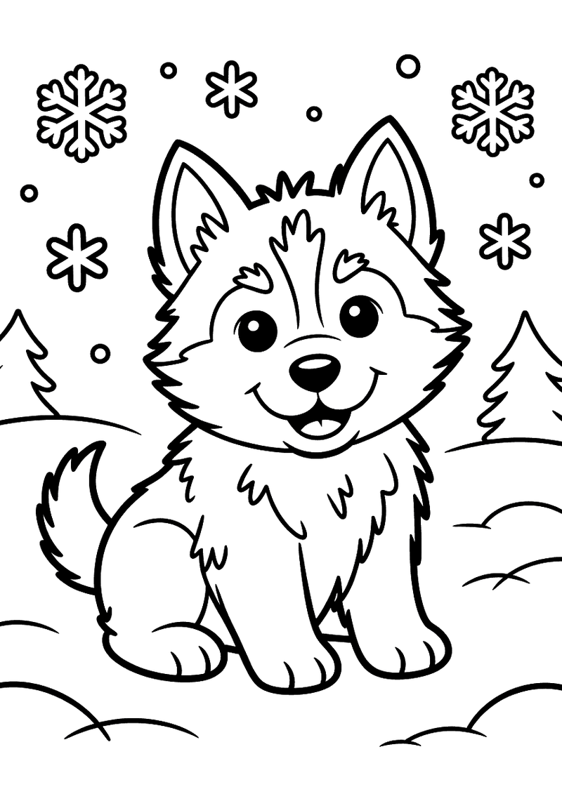 Kleurplaat van een Husky puppy die in een besneeuwde omgeving zit met dennenbomen en vallende sneeuwvlokken op de achter