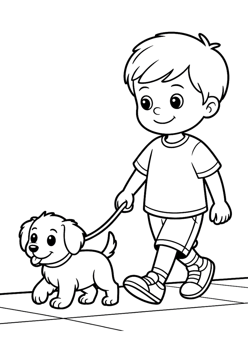 Kleurplaat van een jongen die glimlachend zijn puppy aan een riem meeneemt voor een wandeling op een stoep