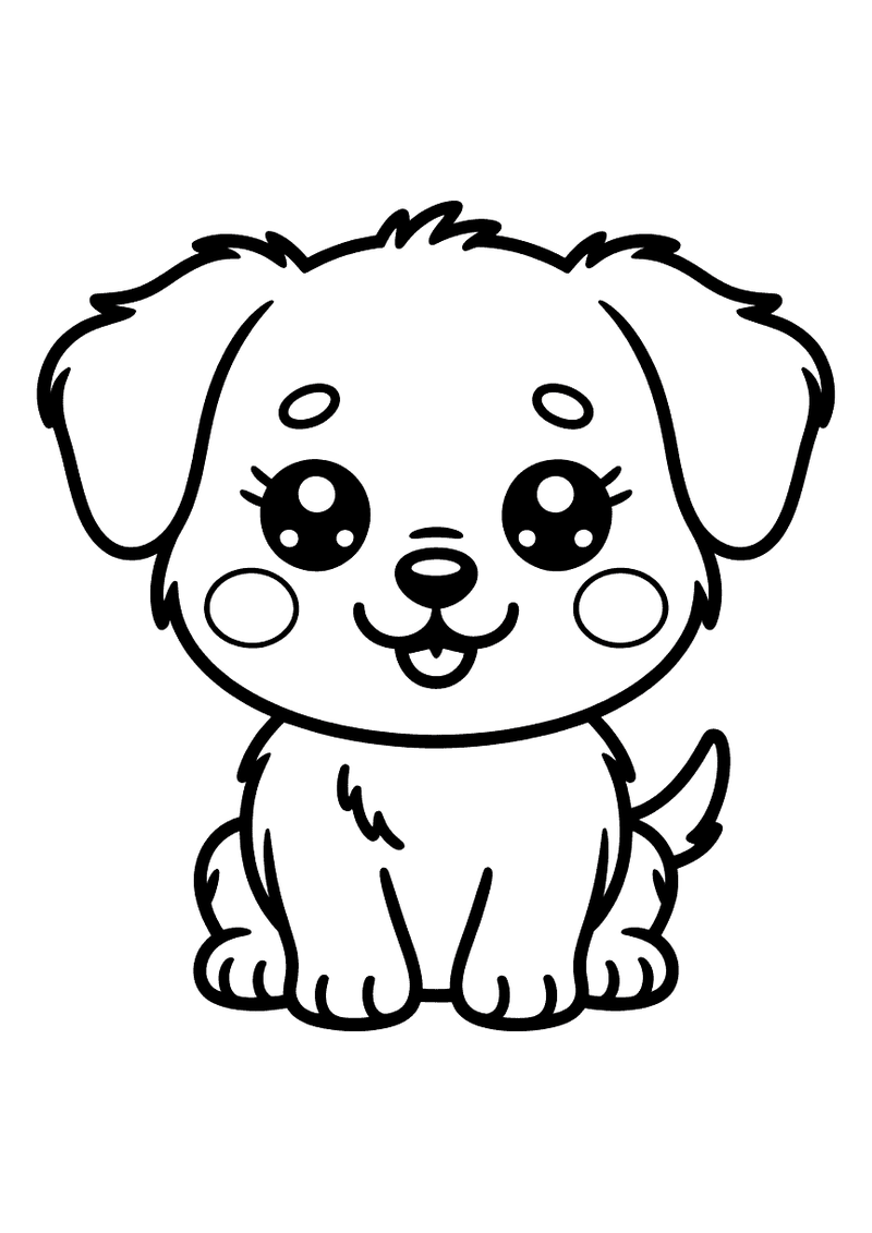 Kleurplaat van een kawaii-stijl puppy met overdreven grote ronde ogen, ronde wangbolletjes en een lief glimlachje zitten