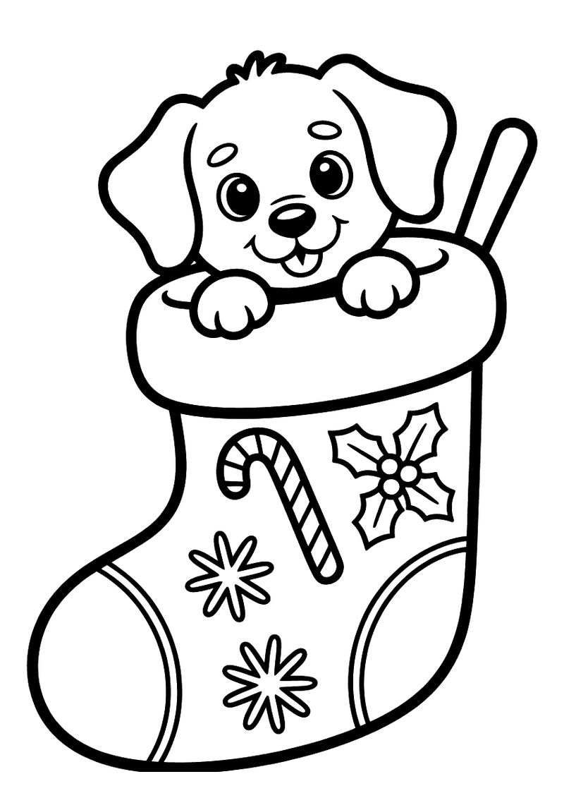 Kleurplaat van een puppy die uit een kerstsok met sneeuwvlokken, kerststerren en een zuurstok omhoogkijkt