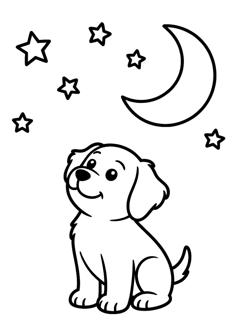 Kleurplaat van een puppy die zittend omhoogkijkt naar een sikkel maan omgeven door sterren in een nachtelijke hemel