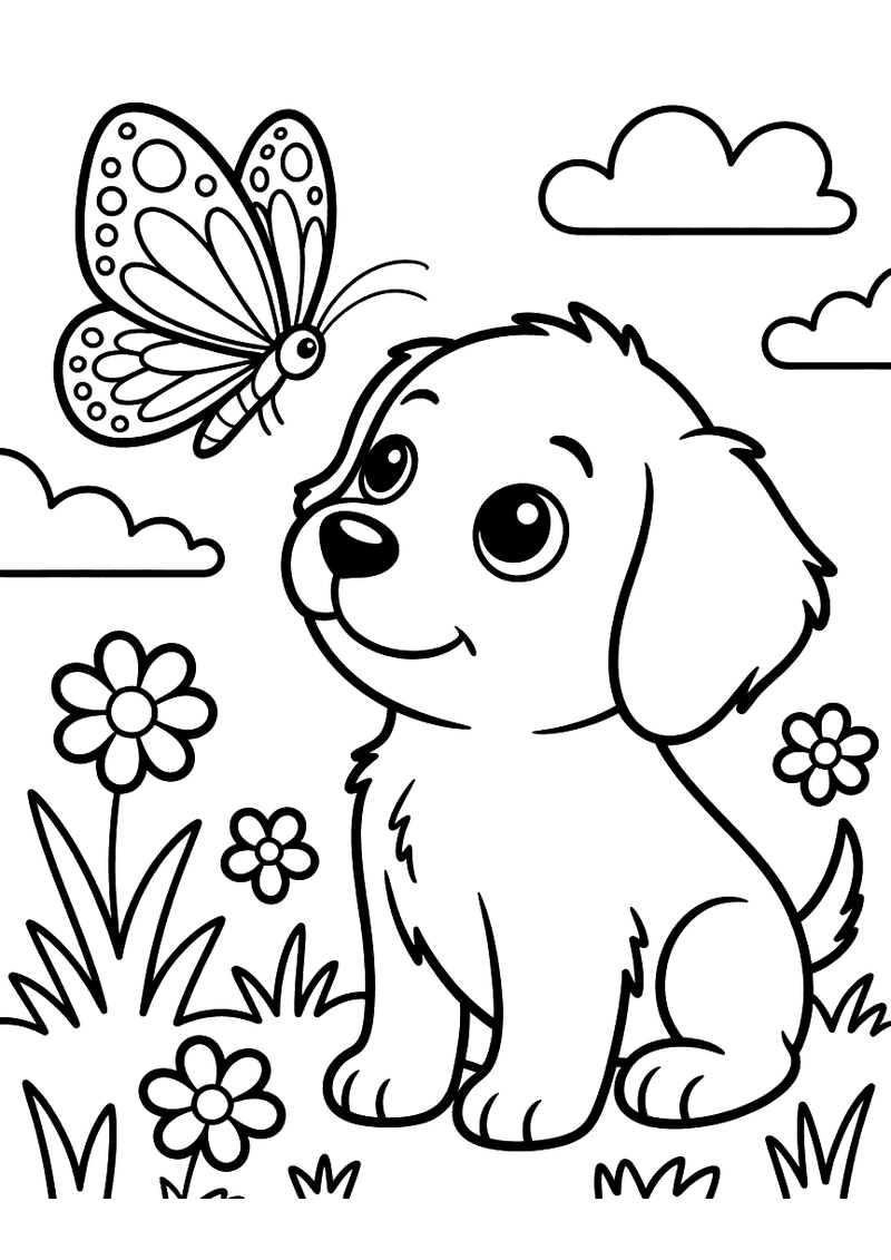 Kleurplaat van een nieuwsgierige puppy die met grote ogen naar een vlindertje kijkt dat voor zijn neus zweeft