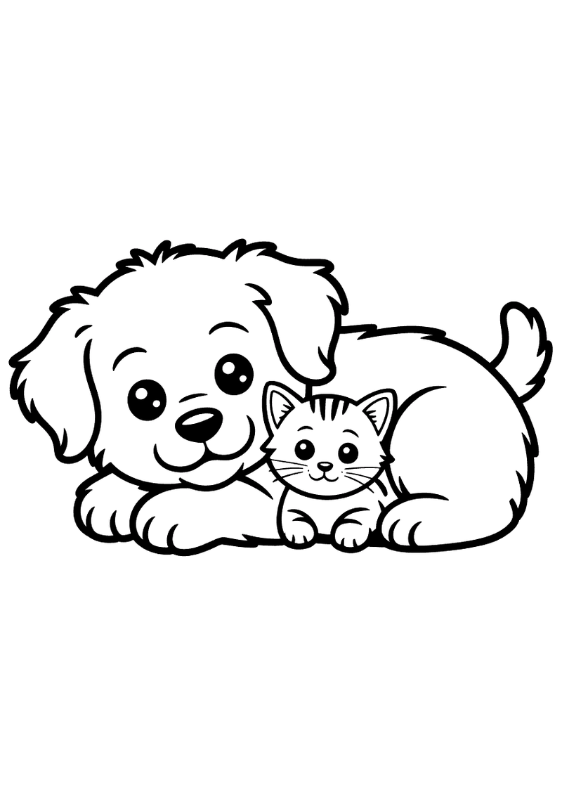 Kleurplaat van een grote pluizige liggende puppy waarbij een klein gestreept kitten tussen zijn voorpoten zit en ze same
