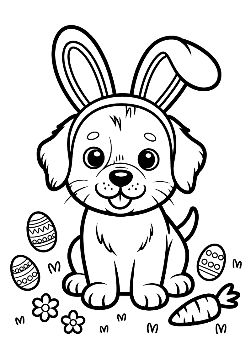 Kleurplaat van een puppy met konijnenoren op zijn kop, omringd door versierde paaseieren, bloemen en een wortel