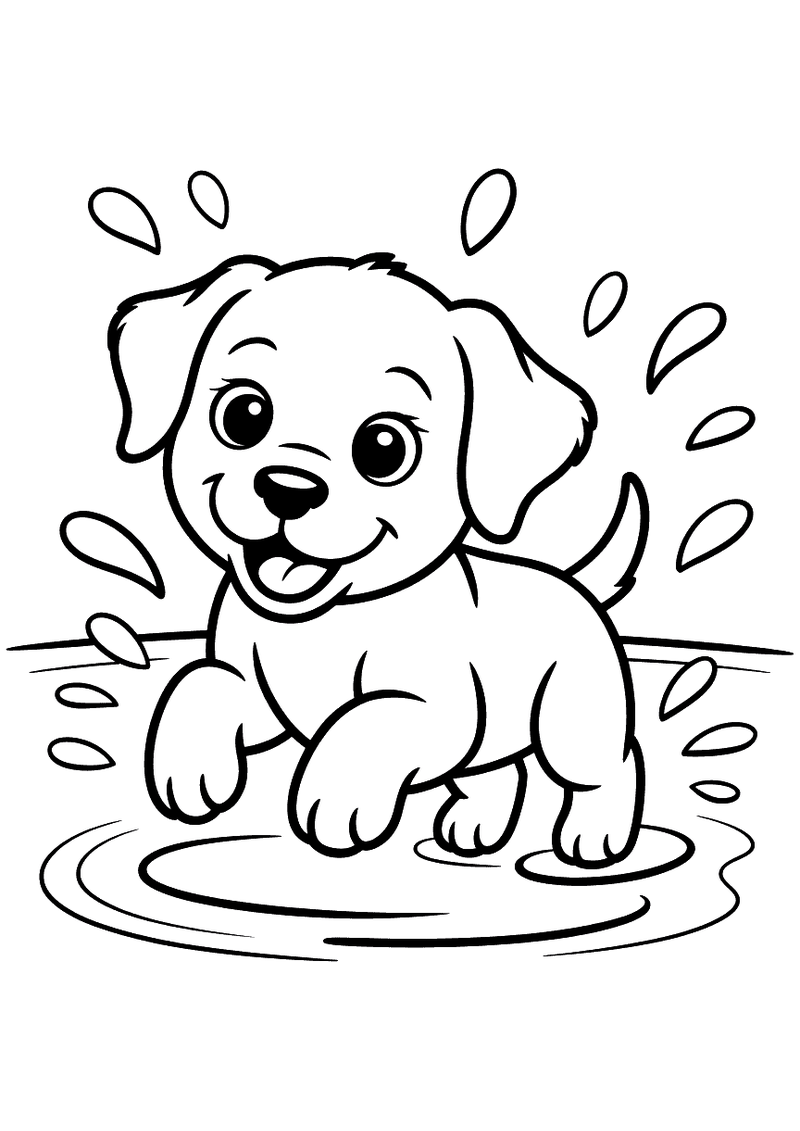 Kleurplaat van een lachende Labrador puppy die door een plas water rent waarbij waterdruppels in alle richtingen spatten