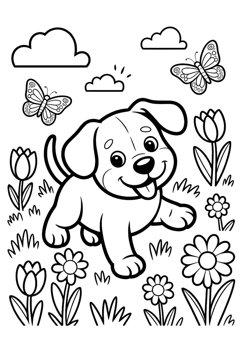 Kleurplaat van een spelende puppy in een veld vol tulpen en bloemen met twee vlinders die boven hem vliegen