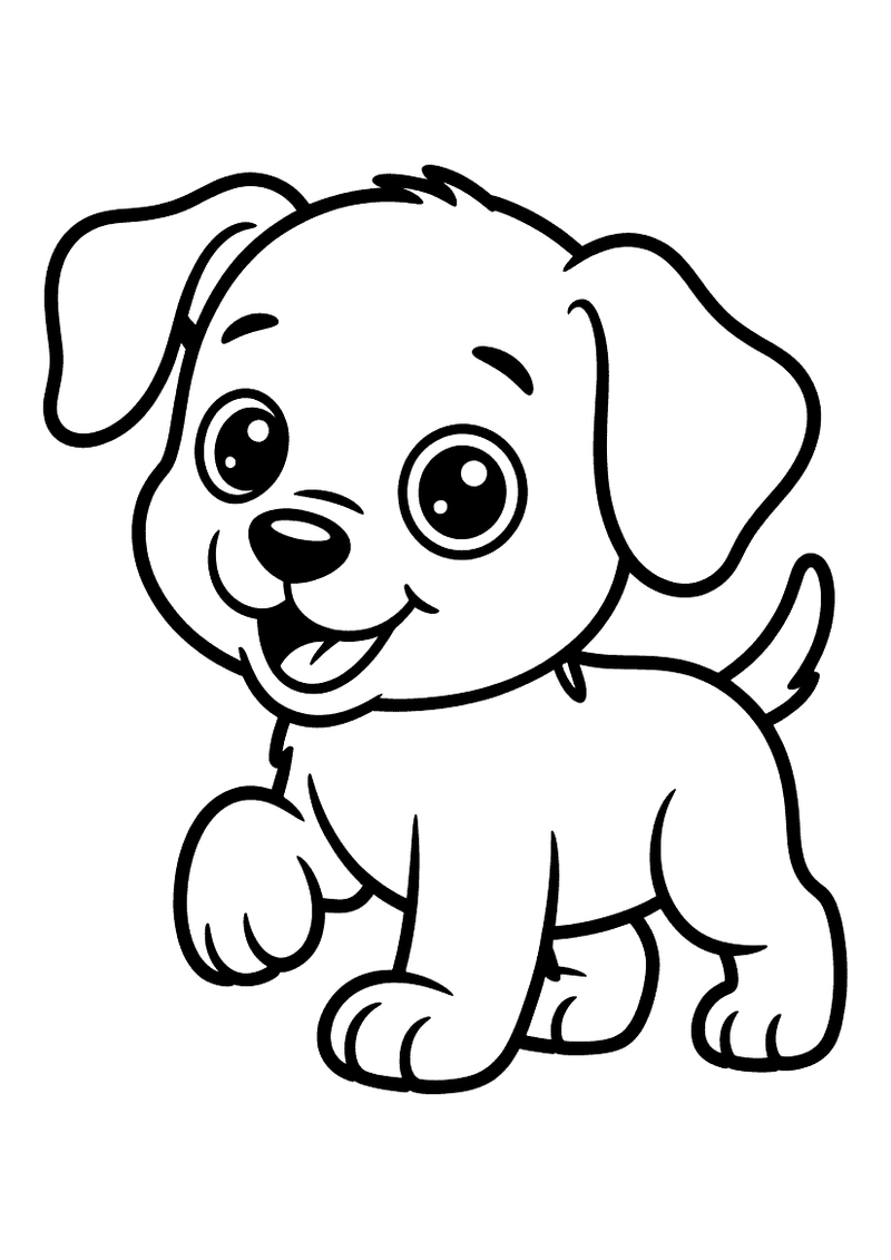Kleurplaat van een puppy die vrolijk loopt met één voorpoot opgeheven, grote ronde ogen en een brede glimlach
