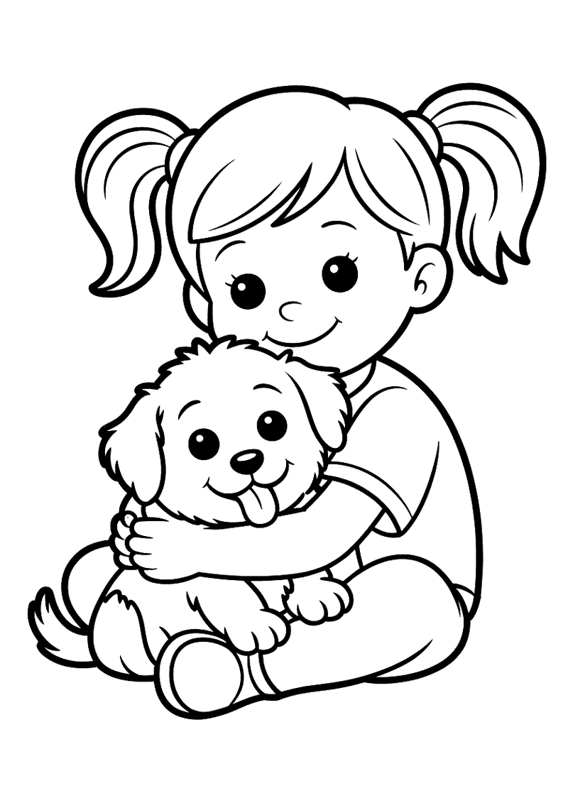 Kleurplaat van een meisje met twee vlechtjes dat zittend haar puppy innig vasthoudt terwijl de puppy zijn tong uitsteekt
