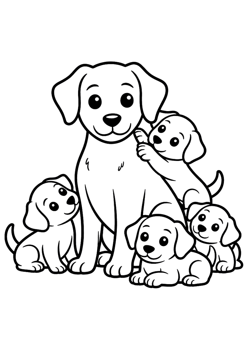 Kleurplaat van een moederhond die rechtop zit omringd door vier kleine puppys die aan haar klimmen en naast haar zitten