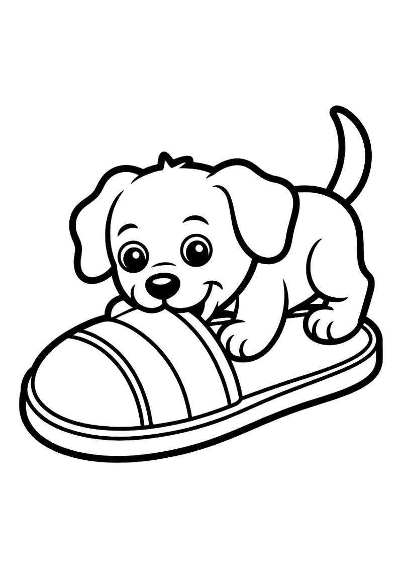 Kleurplaat van een puppy die met zijn poten en bek op een grote slof leunt en er vrolijk op bijt terwijl hij je aankijkt