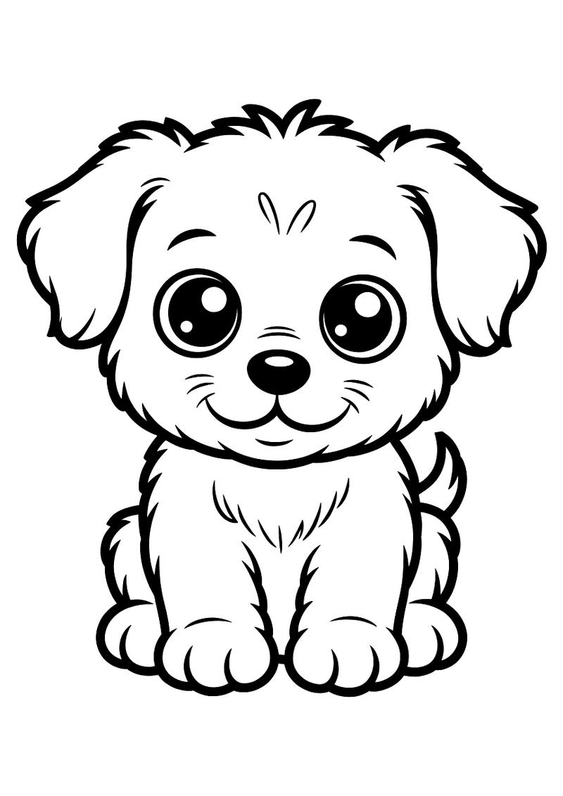 Kleurplaat van een zittende pluizige puppy met overdreven grote ronde ogen en wangenbolletjes die je vriendelijk aankijk