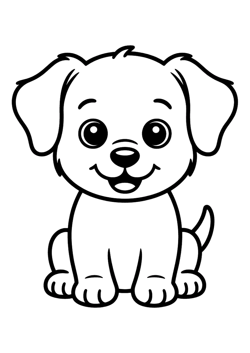 Kleurplaat van een eenvoudige puppy met dikke lijnen, een groot glimlachend gezicht en een opgewekte houding, bedoeld vo