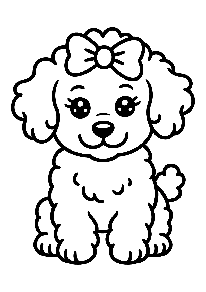 Kleurplaat van een zittende poedel puppy met krullende vacht en een grote strik op zijn kop die je vriendelijk aankijkt