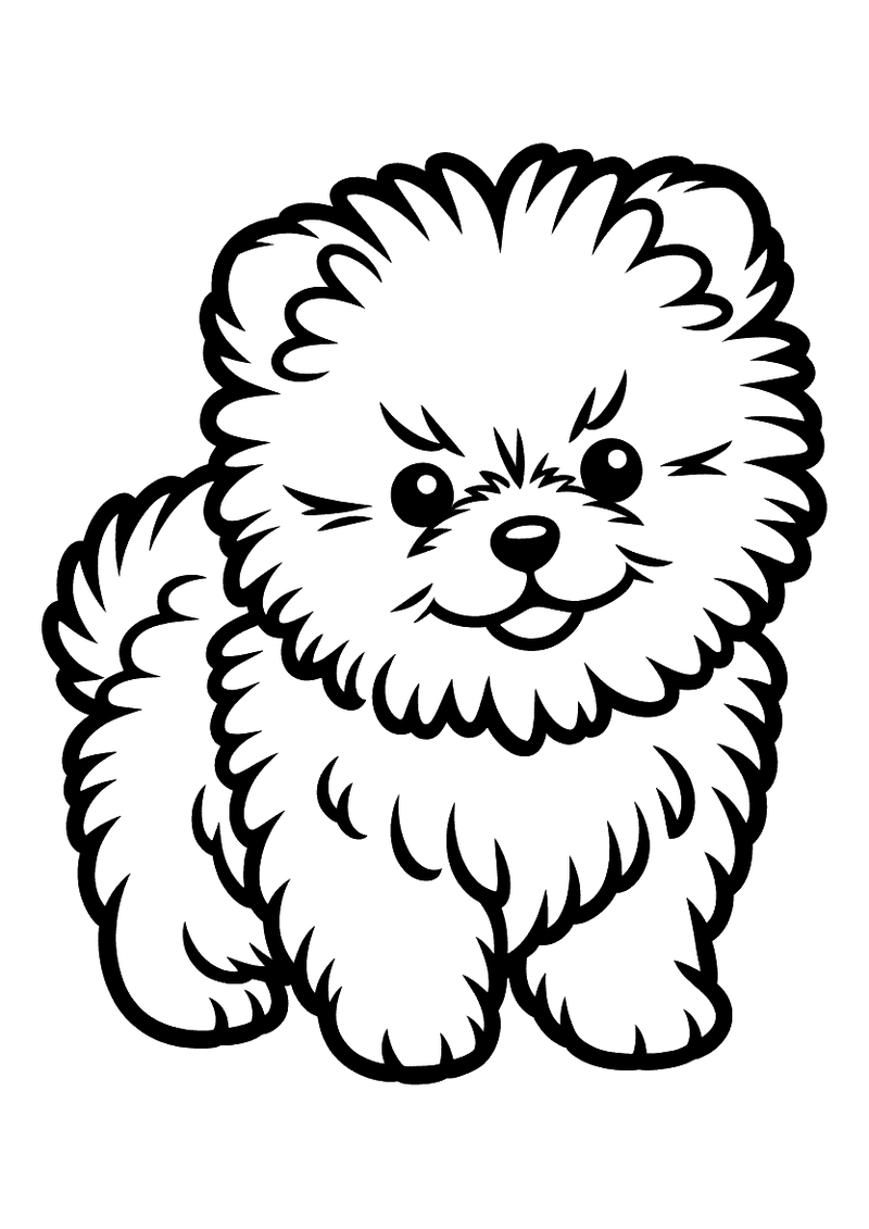 Kleurplaat van een staande Pomeranian puppy met een overdadig dikke pluizige vacht rondom zijn kleine gezichtje