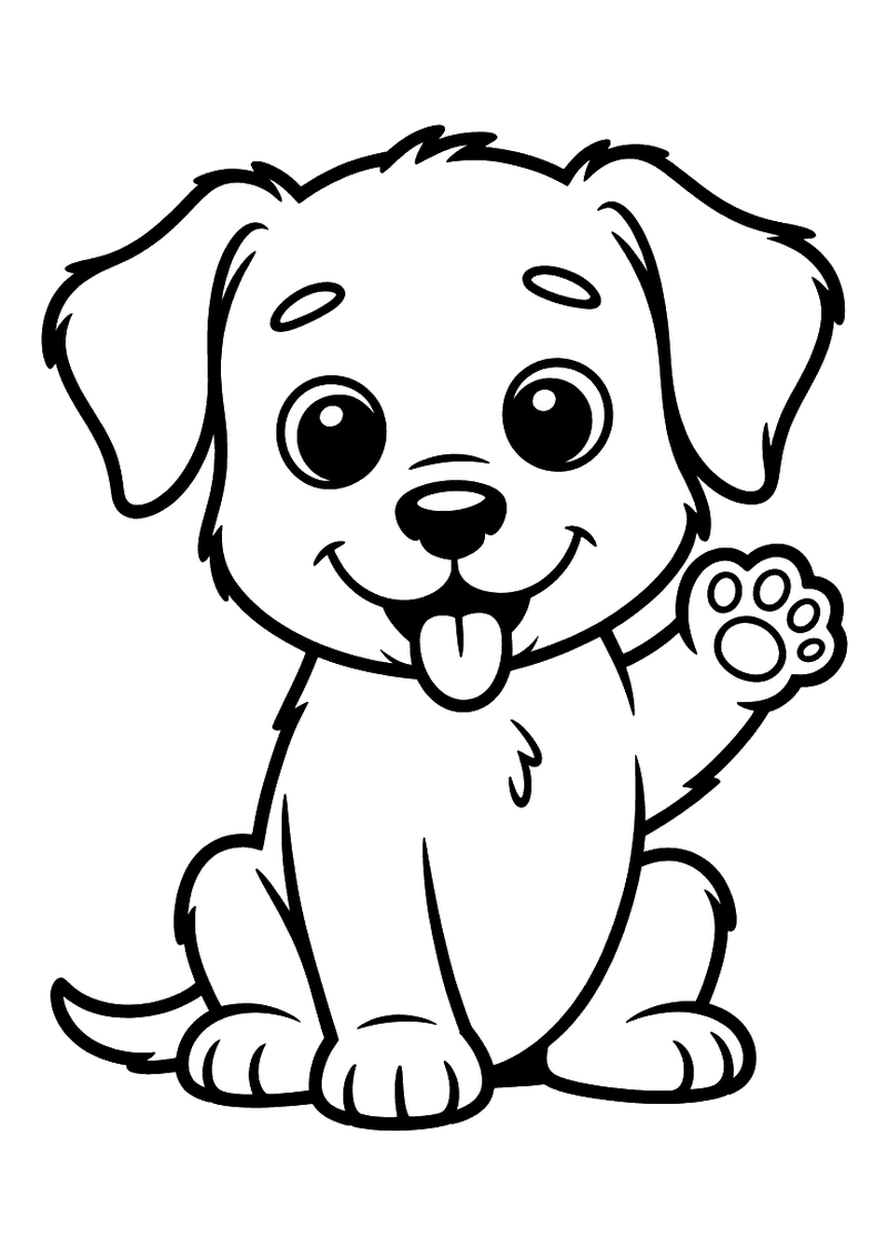 Kleurplaat van een vrolijke puppy die zijn voorpoot omhoog steekt om een handje te geven