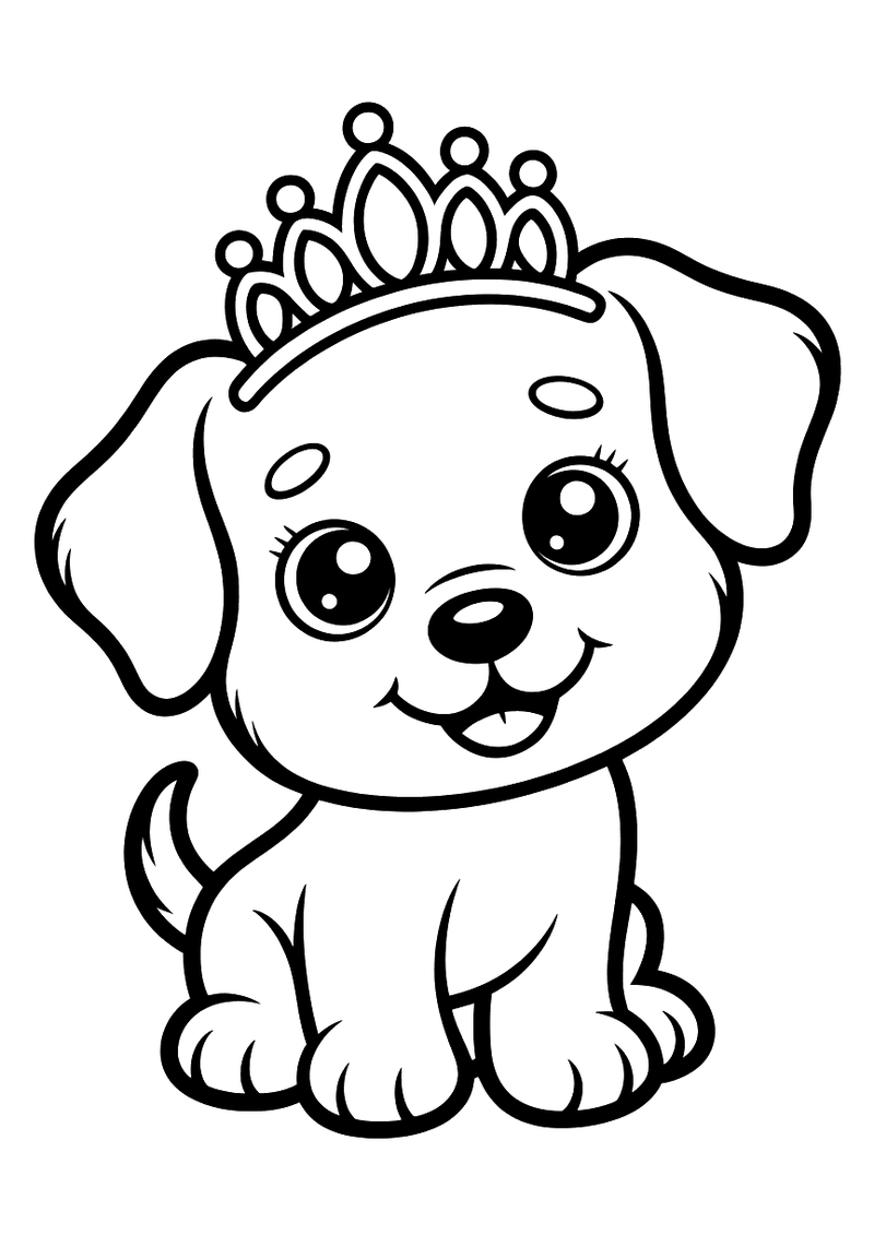 Kleurplaat van een zittende puppy met grote ogen die een sierlijke prinsessentiara op zijn kop draagt en je vriendelijk