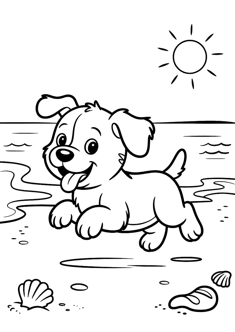 Kleurplaat van een rennende puppy op een strand met schelpen, golven op de achtergrond en een stralende zon in de hoek