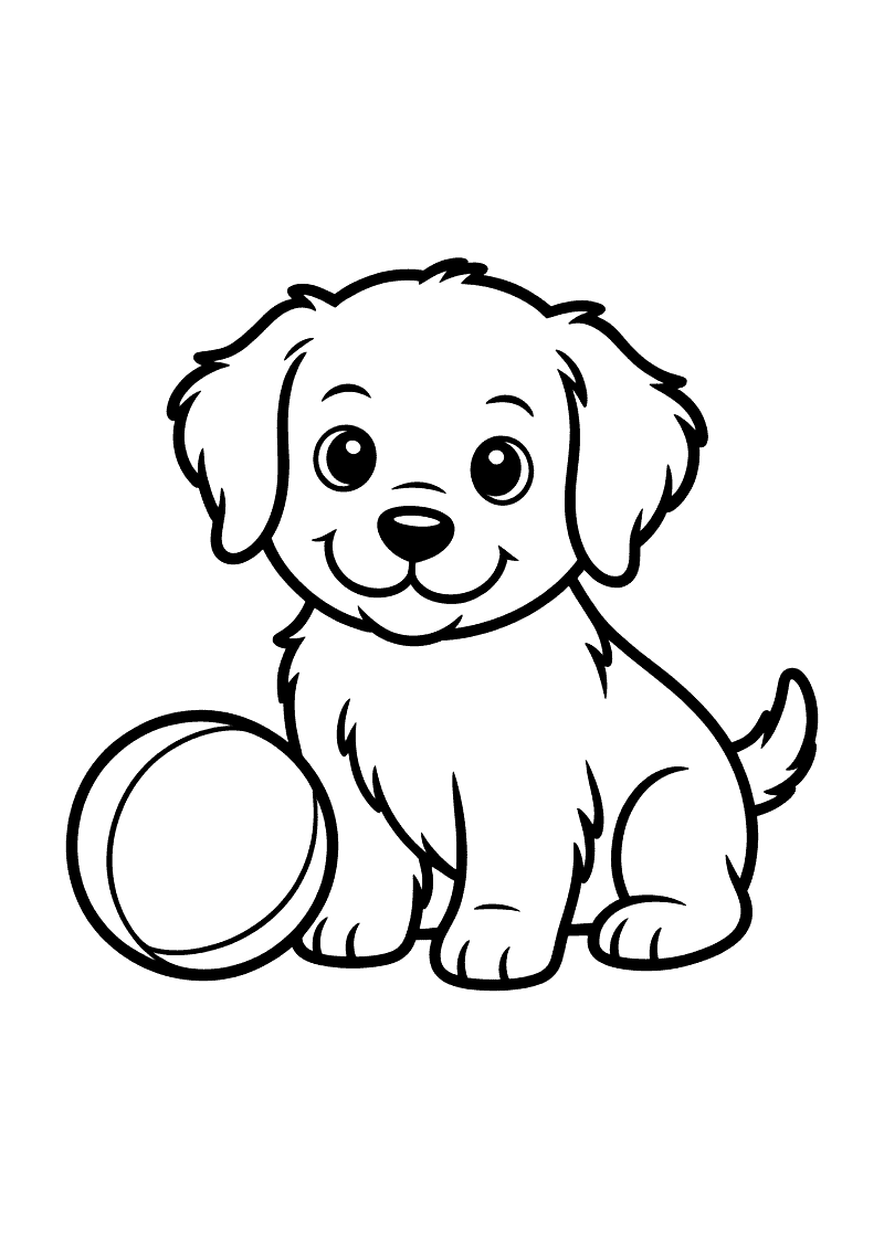 Kleurplaat van een pluizige Retriever puppy die naast een grote ronde bal zit en je met een brede lach aankijkt