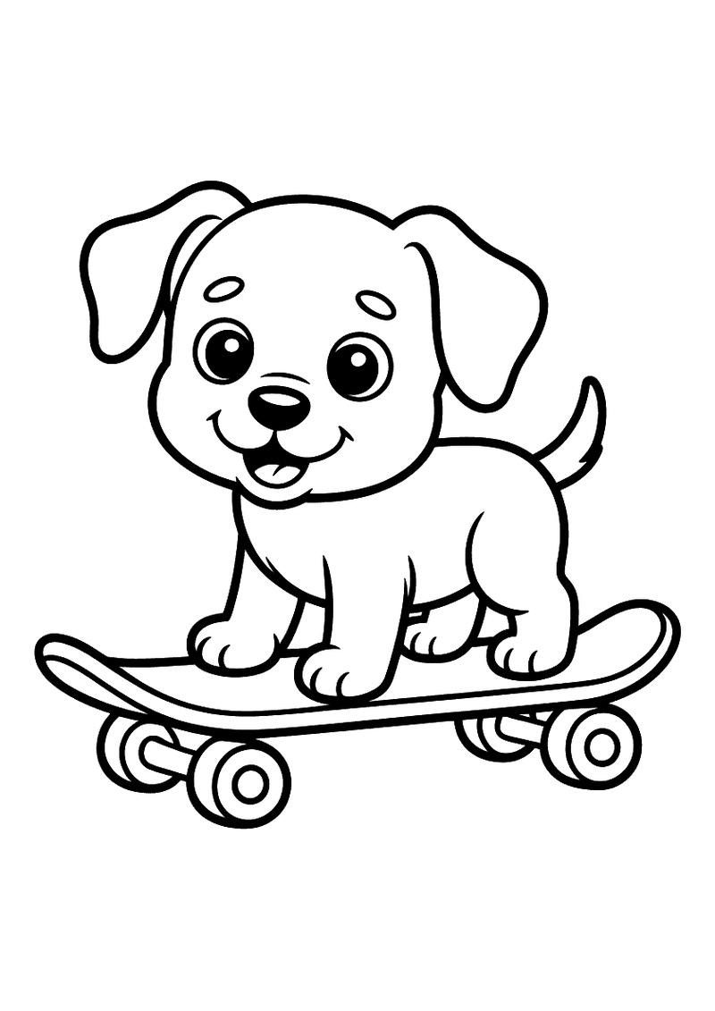 Kleurplaat van een lachende puppy die met zijn vier poten op een skateboard staat en recht voor zich uitkijkt