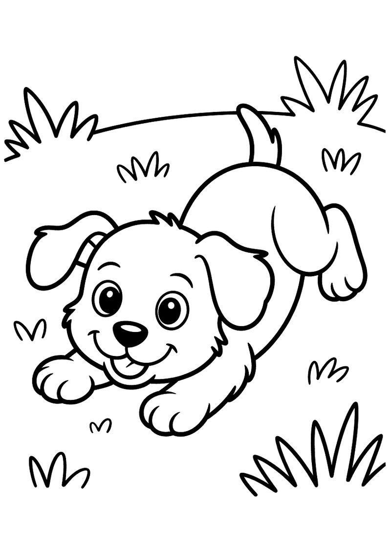 Kleurplaat van een puppy die op zijn zij over het gras rolt met zijn achterpoten omhoog en een brede grijnslach op zijn