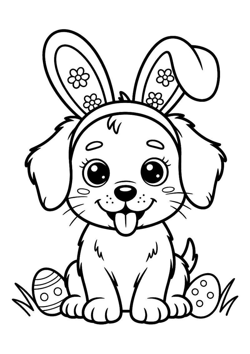 Kleurplaat van een lachende puppy met een haarband waarop konijnenoren met bloempatroon, zittend naast paaseieren in het