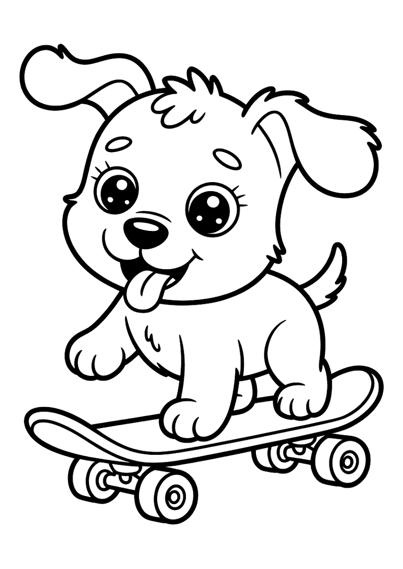 Kleurplaat van een coole puppy die balancerend op een skateboard rijdt