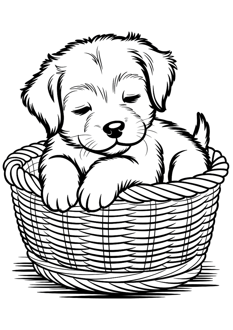Kleurplaat van een slapende puppy die opgerold in zijn rieten mandje ligt met gesloten oogjes