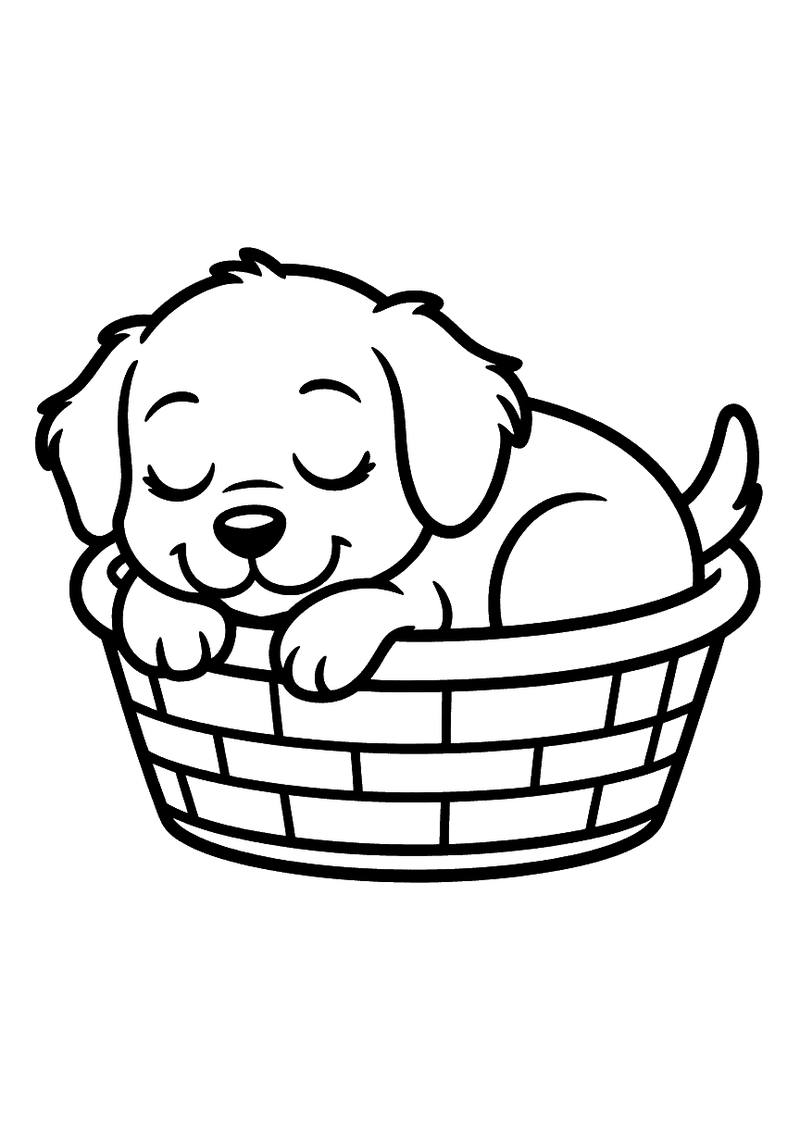 Kleurplaat van een slapende puppy in een gevlochten mand met gesloten ogen en een poot over de rand hangend