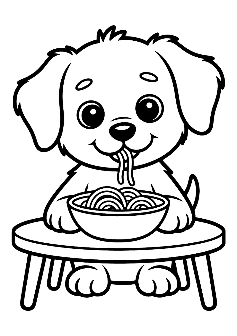 Kleurplaat van een puppy die aan een tafeltje zit met een spaghettisliert in zijn bek boven een kom vol spaghetti