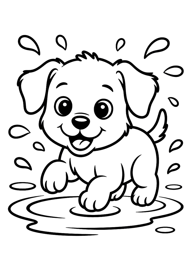 Kleurplaat van een lachende puppy die met zijn poten door een plas rent terwijl waterdruppels omhoogspaten