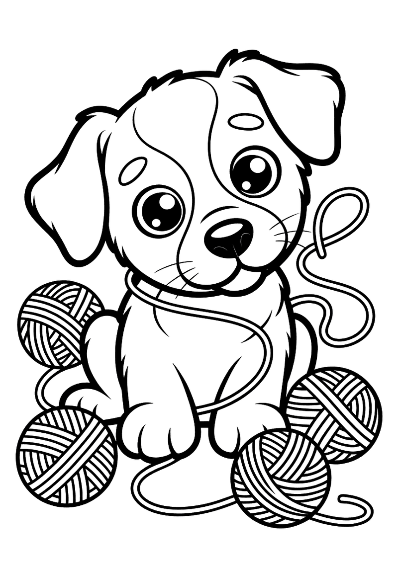 Kleurplaat van een vrolijke puppy die met een bolletje wol speelt en erin verstrikt raakt