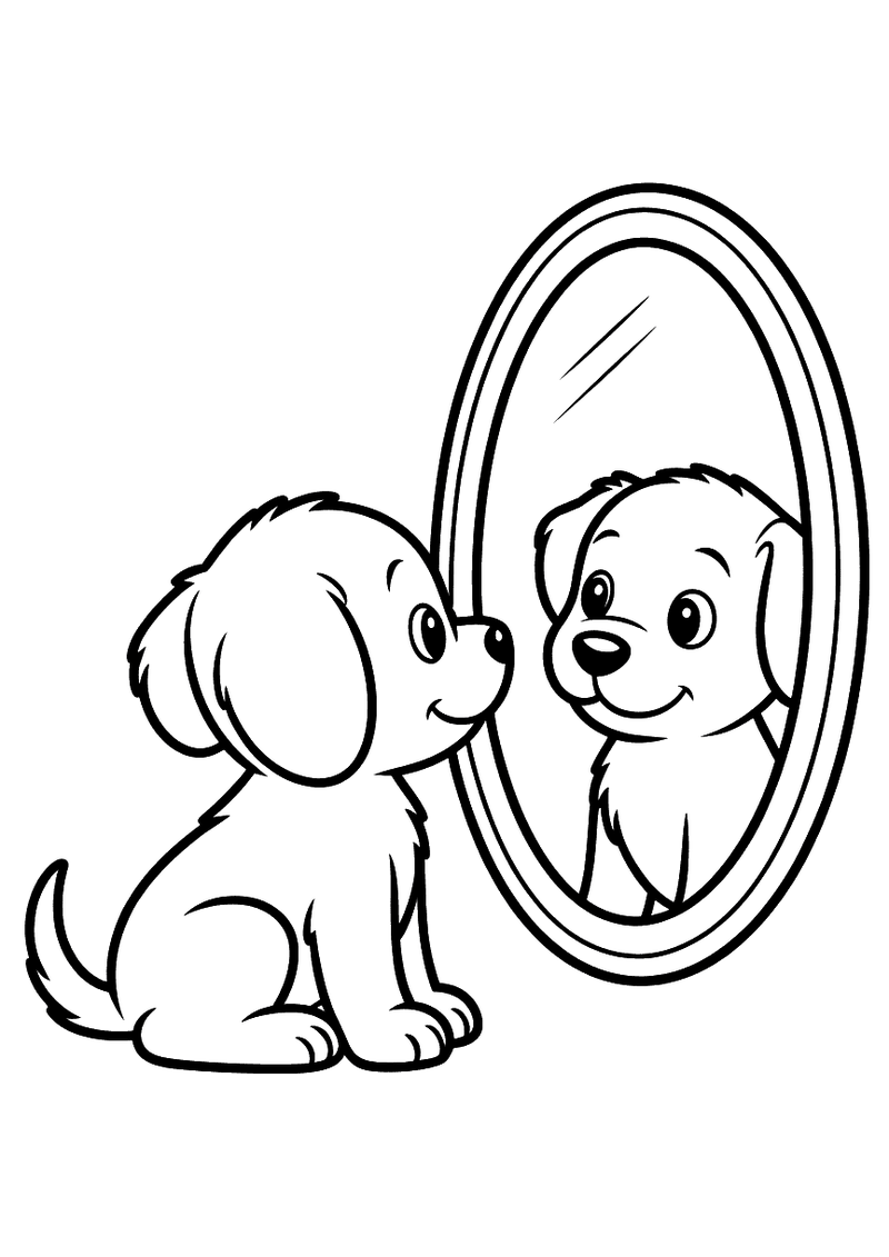 Kleurplaat van een verbaasde puppy die naar zijn eigen spiegelreflectie kijkt en nieuwsgierig blaft
