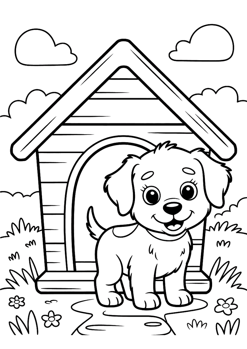 Kleurplaat van een puppy die voor een schattig hondenhokje staat en vrolijk kijkt