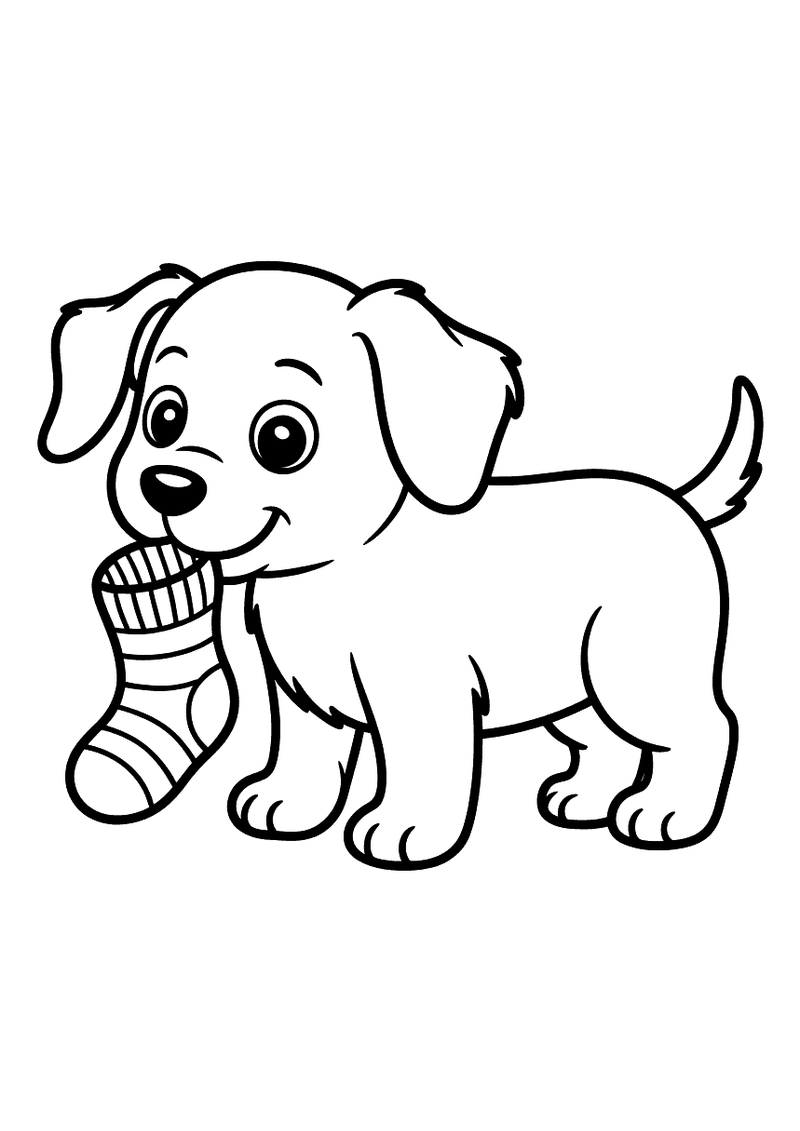 Kleurplaat van een puppy die lopend een gestreepte sok in zijn bek draagt en je onschuldig aankijkt
